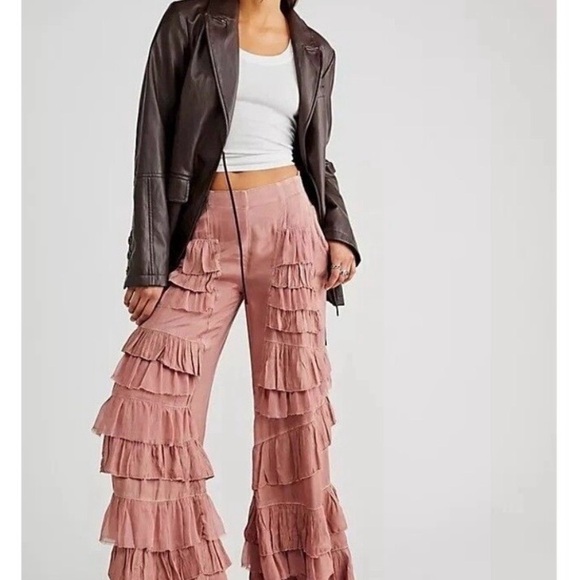 Free People Pants - Free People Ruffled Mauve Wide Leg Pants